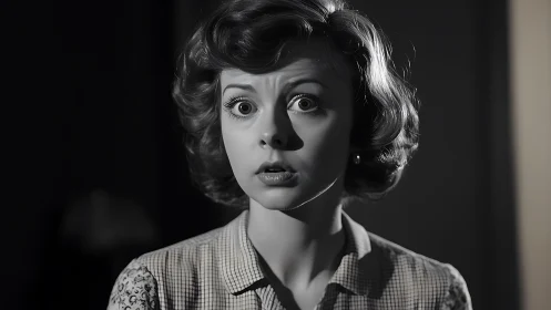 Vintage startled gaze in soft noir-style close-up portrait.