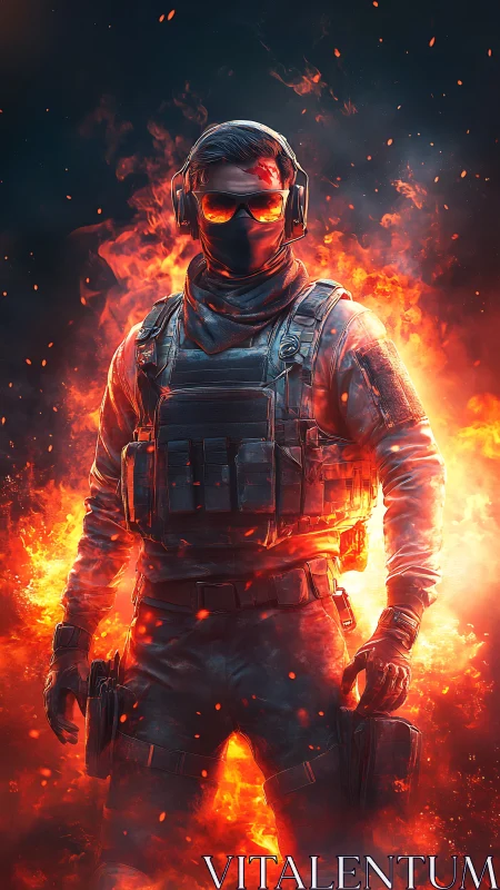 Fearless masked soldier standing strong in glowing flames.