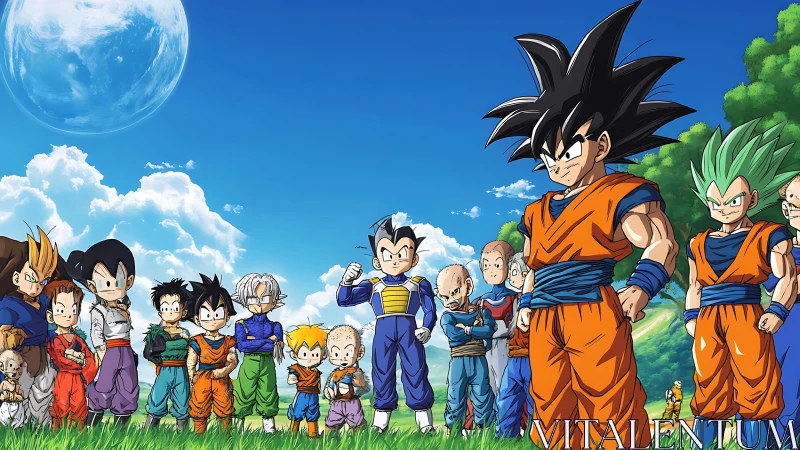 Heroic anime warriors assemble under expansive blue sky.