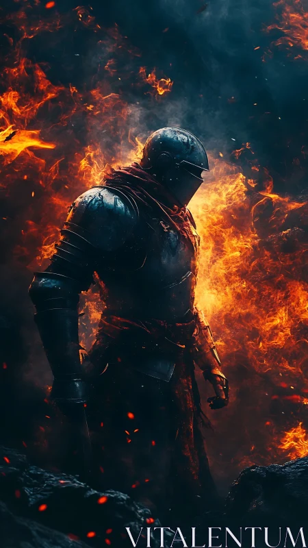 Armored knight stands engulfed in swirling battlefield fire