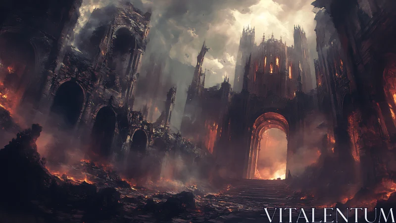 Brooding fiery citadel rises above ruin in stormy twilight