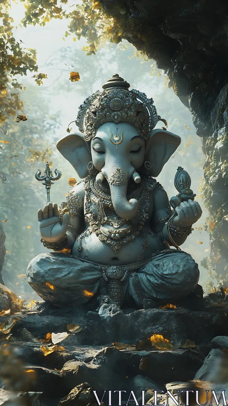 Ganesh stone idol glows amid forest light and falling leaves