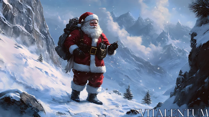 Santa Claus trekking across high-altitude snowy alpine pass