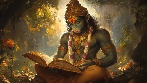 Forest sage simian deity studies a glowing golden scripture.