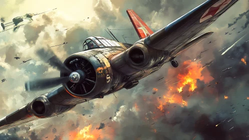 Warplane dives through blazing sky over chaotic dogfight.