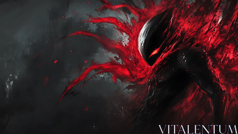 Shadow entity emerging in dynamic crimson energy burst.