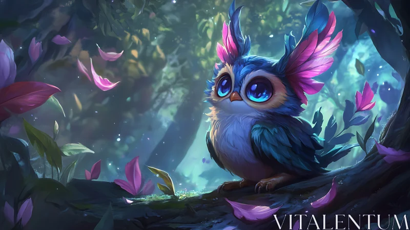 Whimsical Fantasy Owl with Bright Feathers in Enchanted Forest.