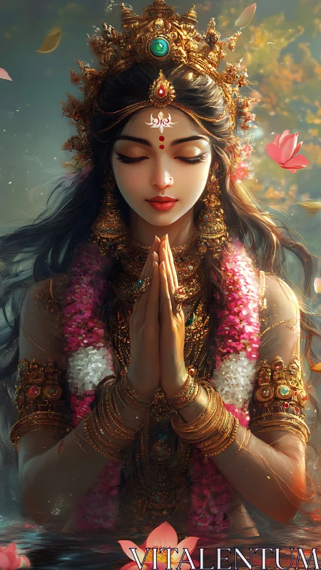 Lotus crowned goddess in tranquil riverlight devotion.