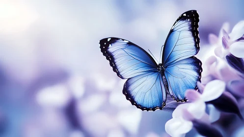 Blue butterfly on lilac flowers in soft pastel light.