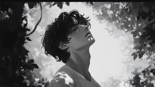 Monochrome portrait of youth framed by soft foliage light.