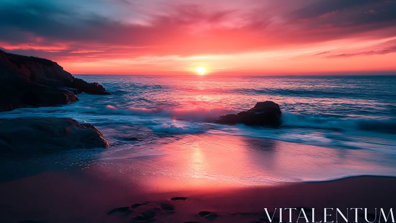 Radiant ocean sunset bathes rocky shoreline in neon light.