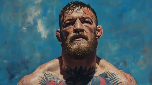 Bloodied fighter portrait under vivid blue sky backdrop.