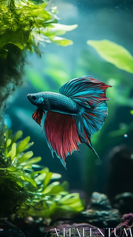 Velvet-finned betta glides like silk through emerald shadows