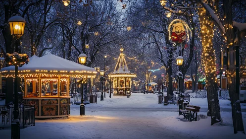 Snowy winter market glowing under golden fairy lights.