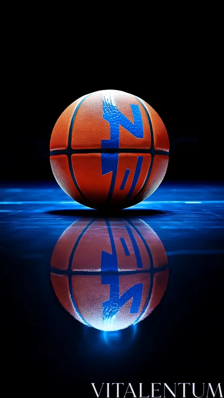 Basketball rests on reflective blue surface with mirrored image