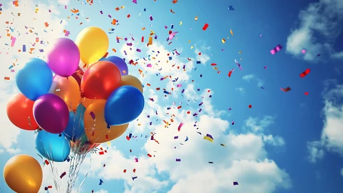 Multicolored Balloons Rising Against Azure Sky with Confetti Dispersion in 3D Render