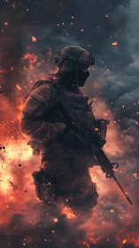 Photorealistic tactical soldier in incendiary battlefield haze.
