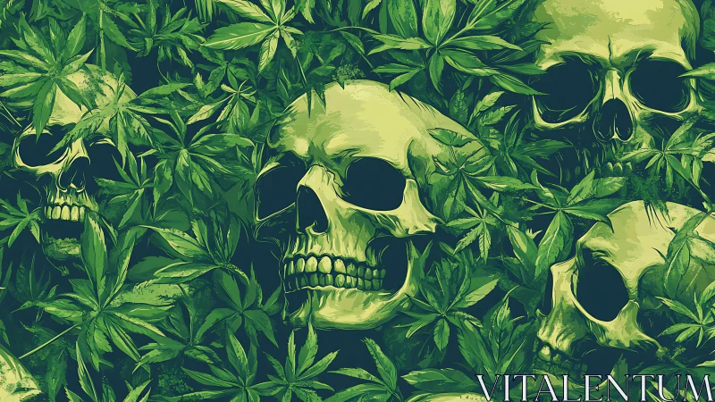 Human skulls are depicted among dense overlapping green foliage