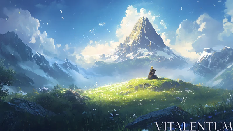 Solitary wanderer greeting a sunlit, storybook mountain realm.
