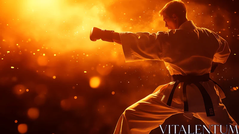 Karate practitioner executes punch amid dynamic golden backlight