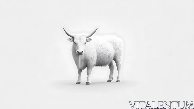 White long-horned yak stands in minimalist snowy studio