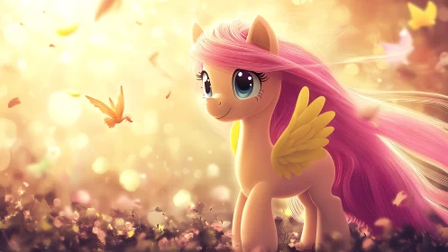 Digital painting of pastel pegasus in luminous woodland glow.