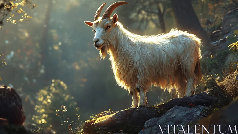 Backlit long-haired mountain goat on mossy forest ridge.