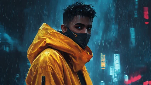 Hooded urban figure in yellow parka under neon rainstorm.