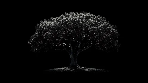 Monochrome oak silhouette isolated in dramatic low key lighting.