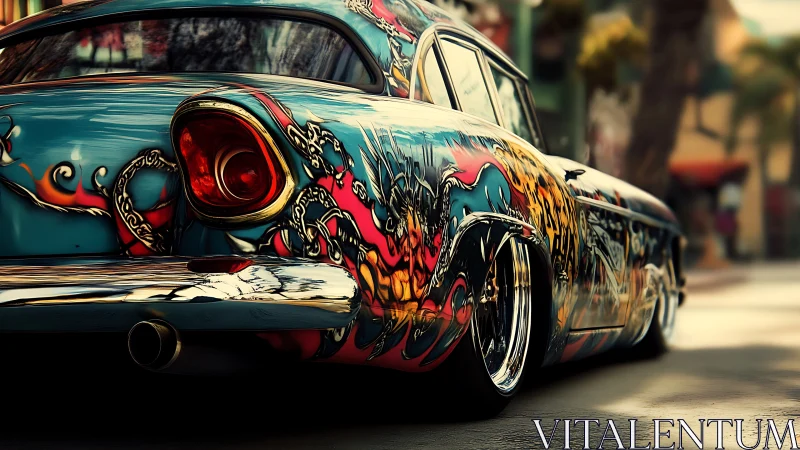 Colorful classic car wrapped in bold street art style paint.