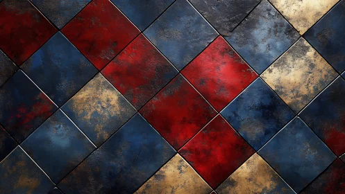 Textured red blue gold diamond tile geometric surface pattern.