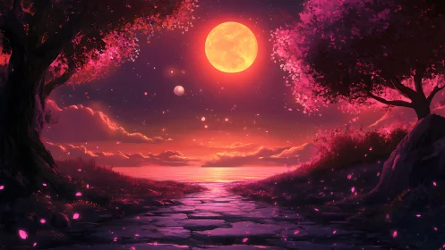 Luminous tri-moon horizon with chromatic sakura shoreline.