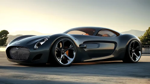 Graphite supercar concept with sculpted curves at sunrise.