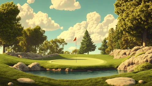 Sunlit golf green dreams beside a quiet rippling pond.