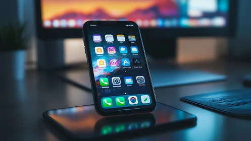 Modern Smartphone Interface Display on Desktop with Ambient Lighting.