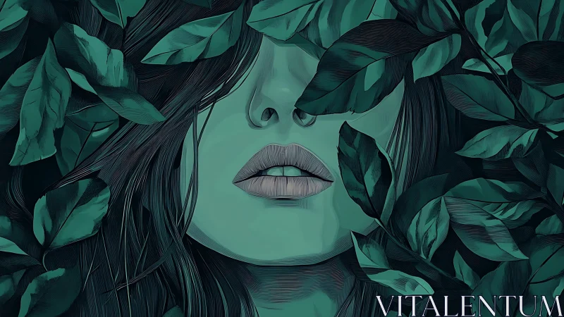 Mystical female portrait merges with lush emerald foliage.