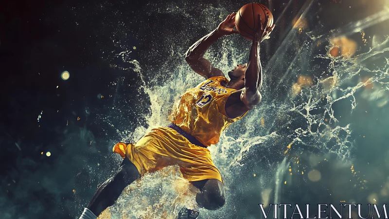 Soaring basketball player explodes toward the hoop in motion