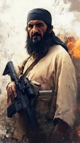 Battle-hardened fighter stands amid smoke and firestorm.