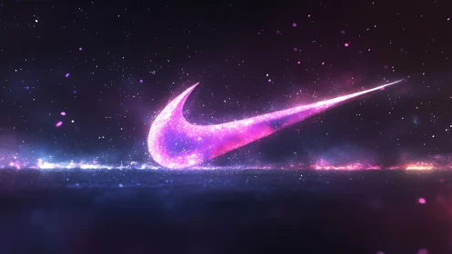 Glowing pink swoosh logo in cosmic digital space scene.