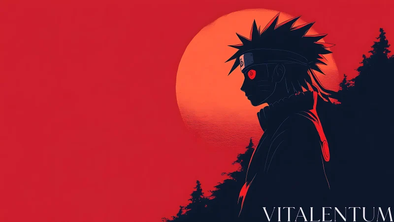 Silhouetted ninja profile against bold red sunset moon.