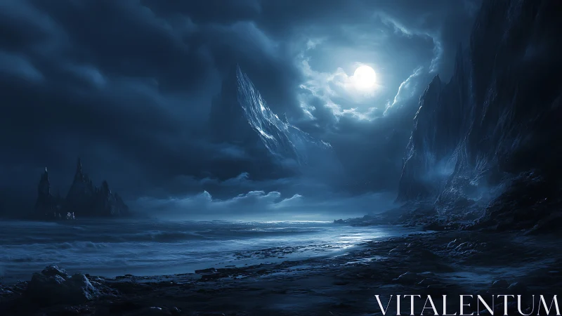 Moonlit storm over a haunted frozen shoreline unfolds silently