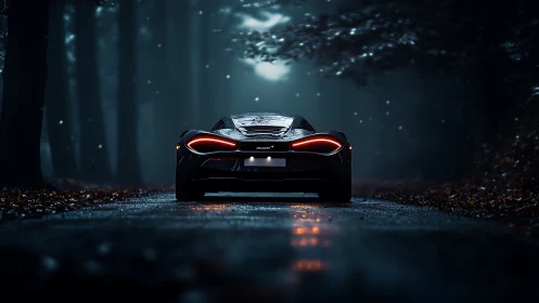 Sports car rear view on wet forest road at night