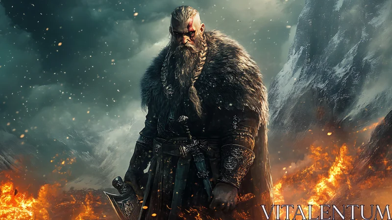 Armored warrior with axe amid fire and snowy mountains.