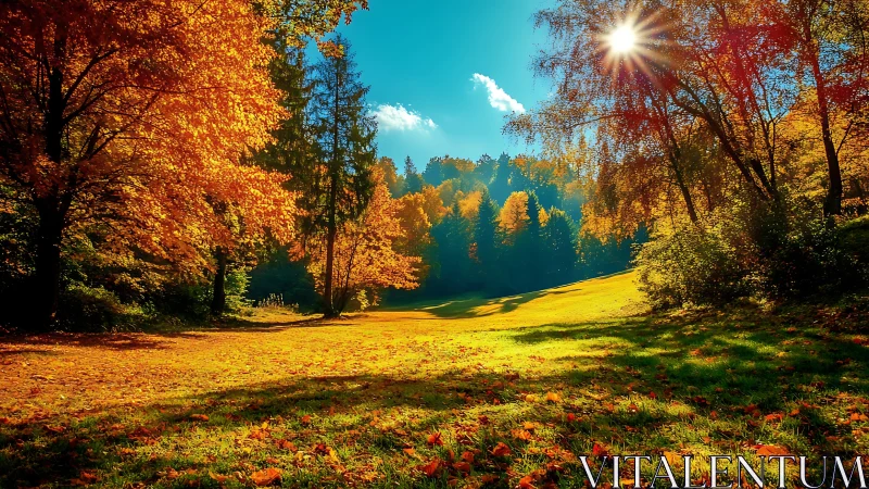 Autumn Valley Landscape with Golden Foliage and Sunburst.