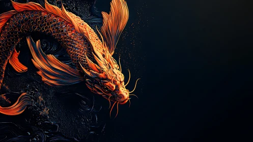 Radiant orange koi dragon arcs across deep cyan void