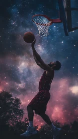Basketball player jumps for layup under stylized night sky