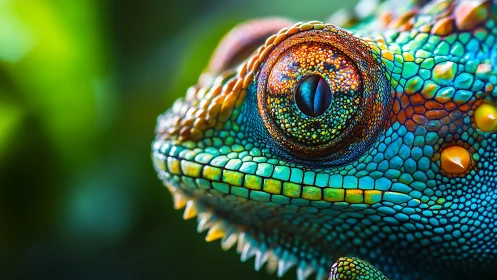 Macro close-up shows detailed texture of colorful chameleon head