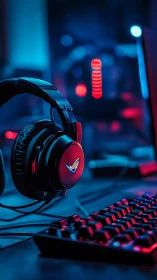 Immersive gaming headset beside RGB keyboard in neon glow.