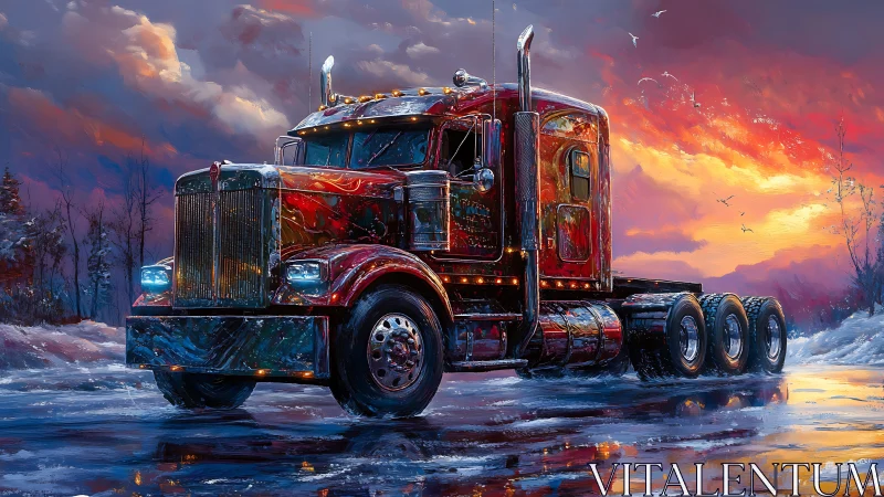 Chromatic semi-truck rendered in painterly winter sunset light