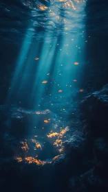 Golden embers drift gently through a calm underwater dream